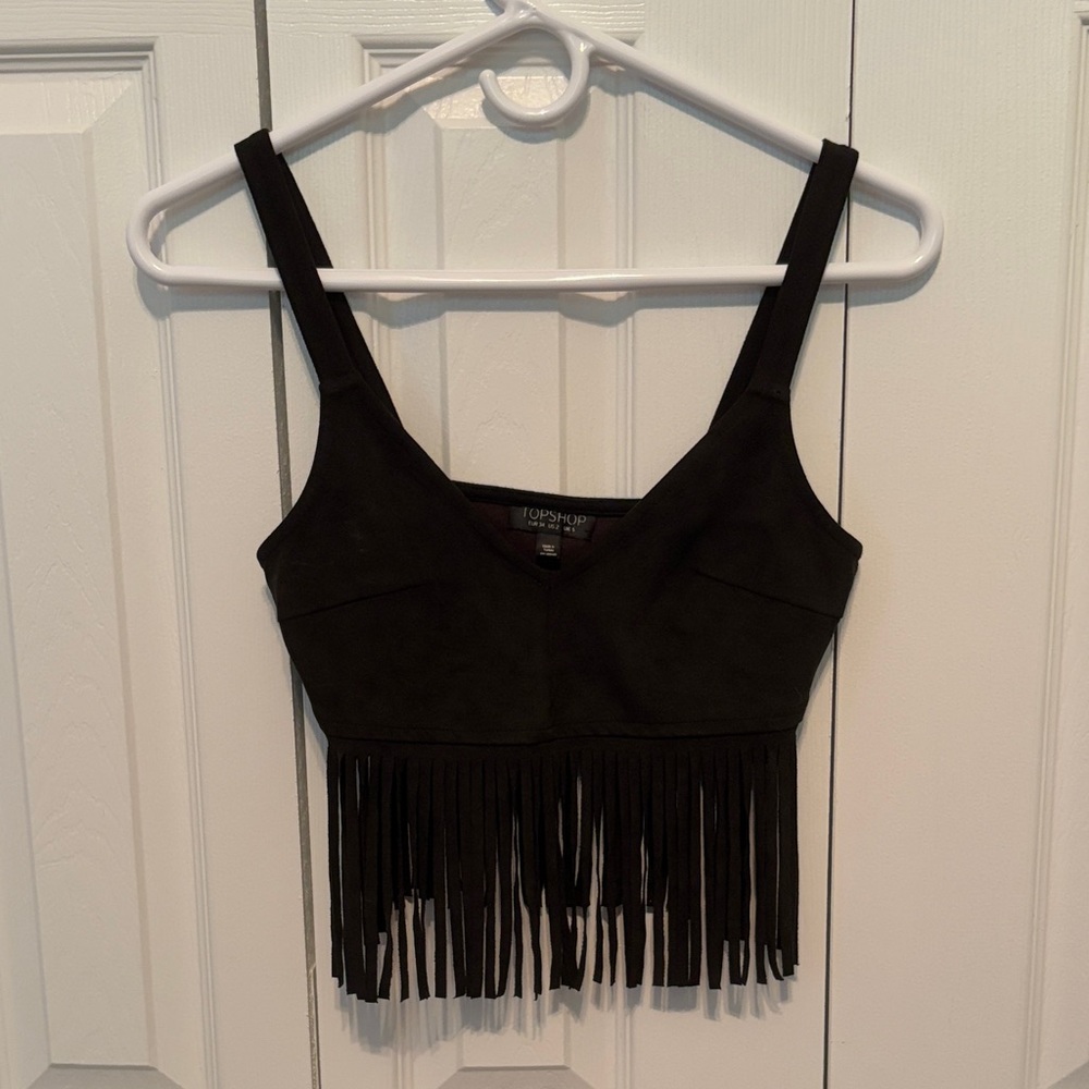 Suede Black Fringe Crop Top